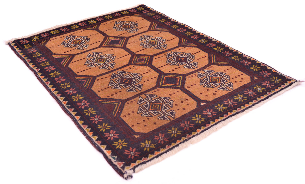 A rectangular old handmade Belouch mat with a geometric pattern, featuring tan hexagonal panels, dark brown borders, and cream fringe on a white background.