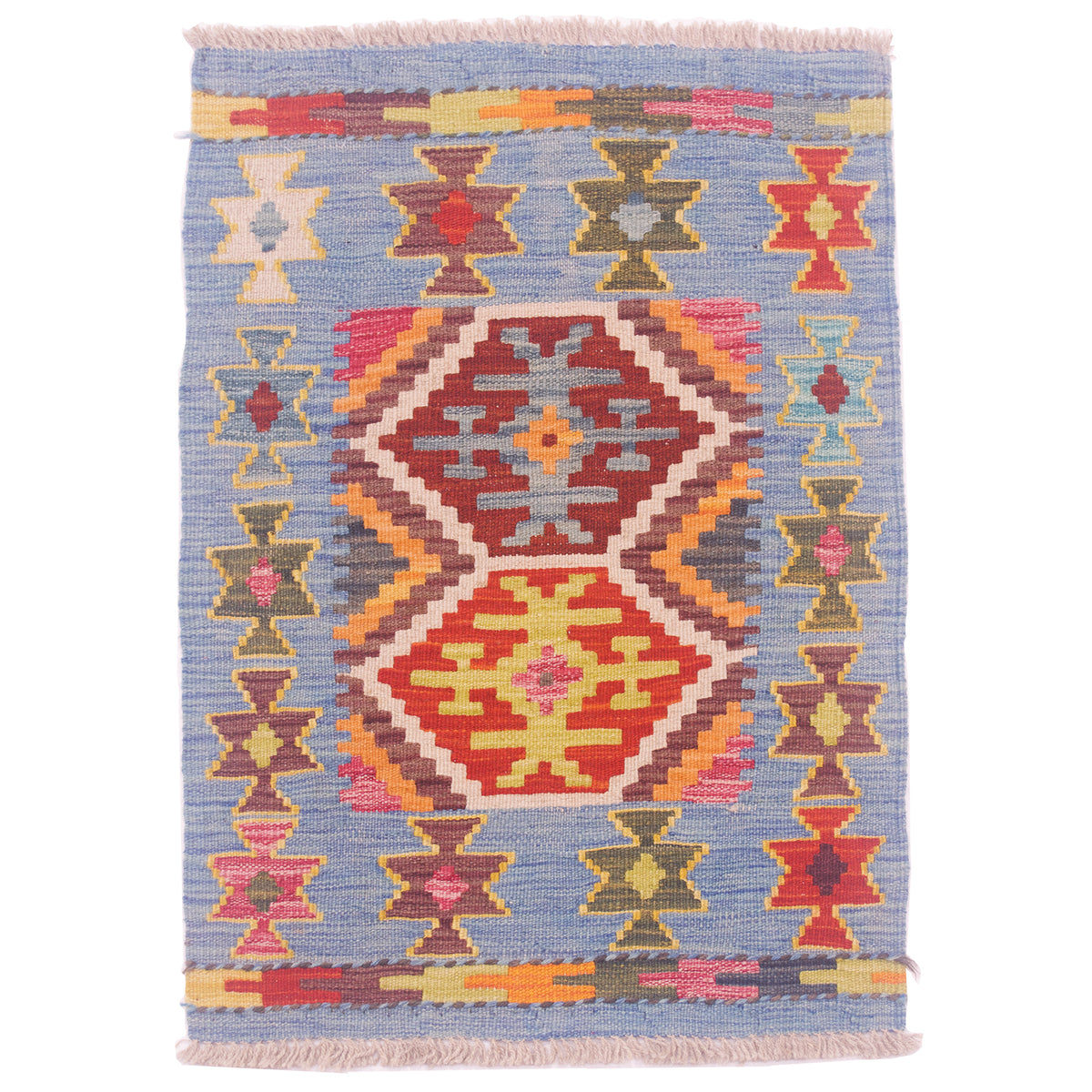 Afghan Kilim mat handwoven with geometric 2 medallion design & light blue border.