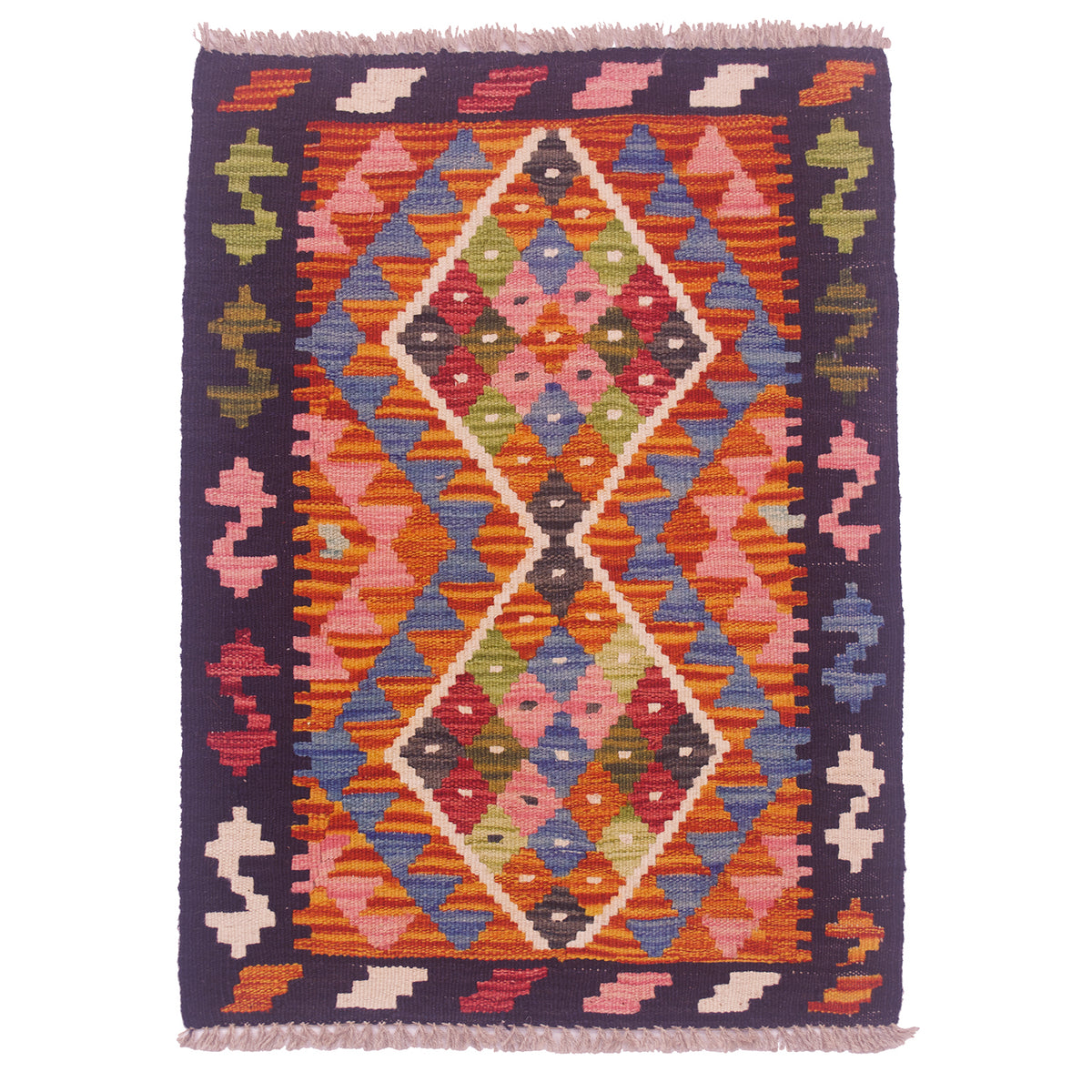 Small handwoven Afghan Kilim with multi-colour geometric design.