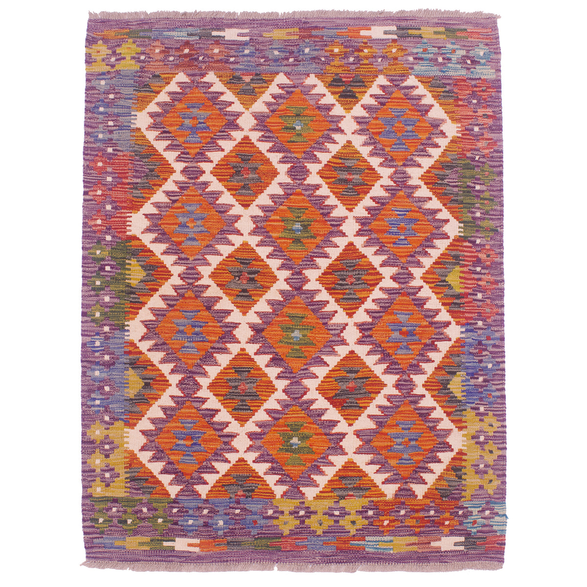 Handwoven purple and orange Kilim rug with geometric design. Colours include purple, orange, cream, green and mustard.