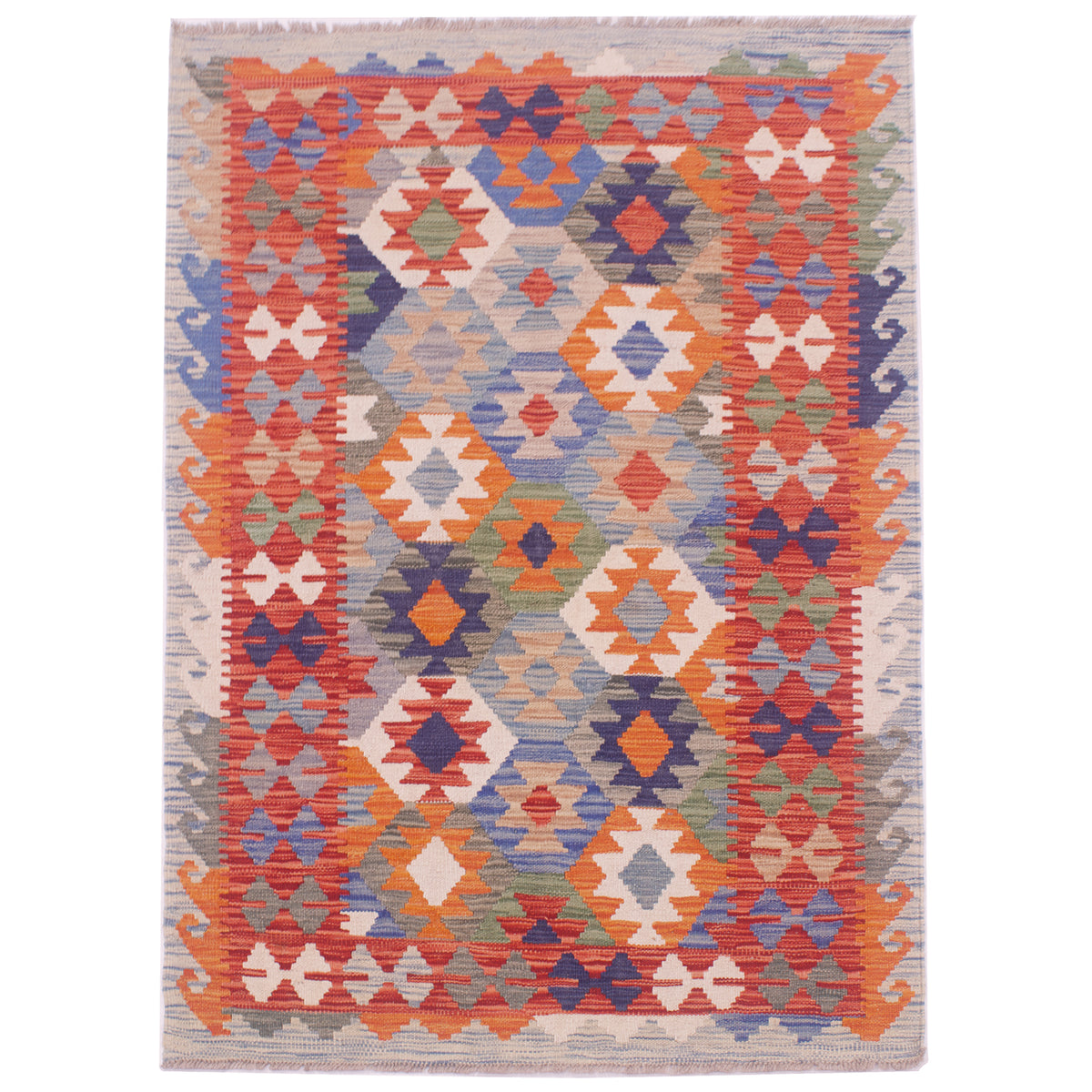 Handwoven Veg Dyed Afghan Kilim Rug with geometric all over design and multicolour scheme.