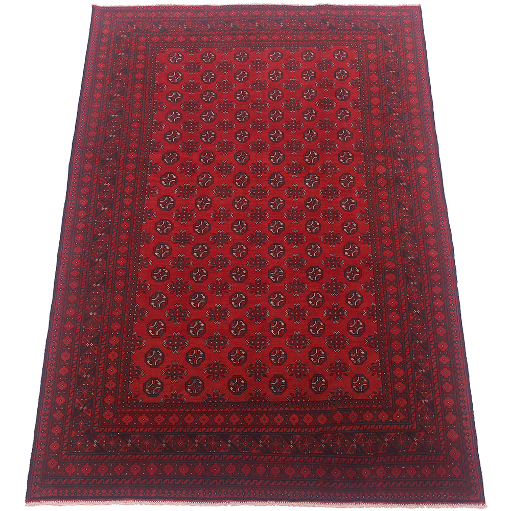 A 3x2m rectangular handmade red Afghan carpet with a traditional pattern of repeating Bokhara motifs, framed by multiple decorative borders.