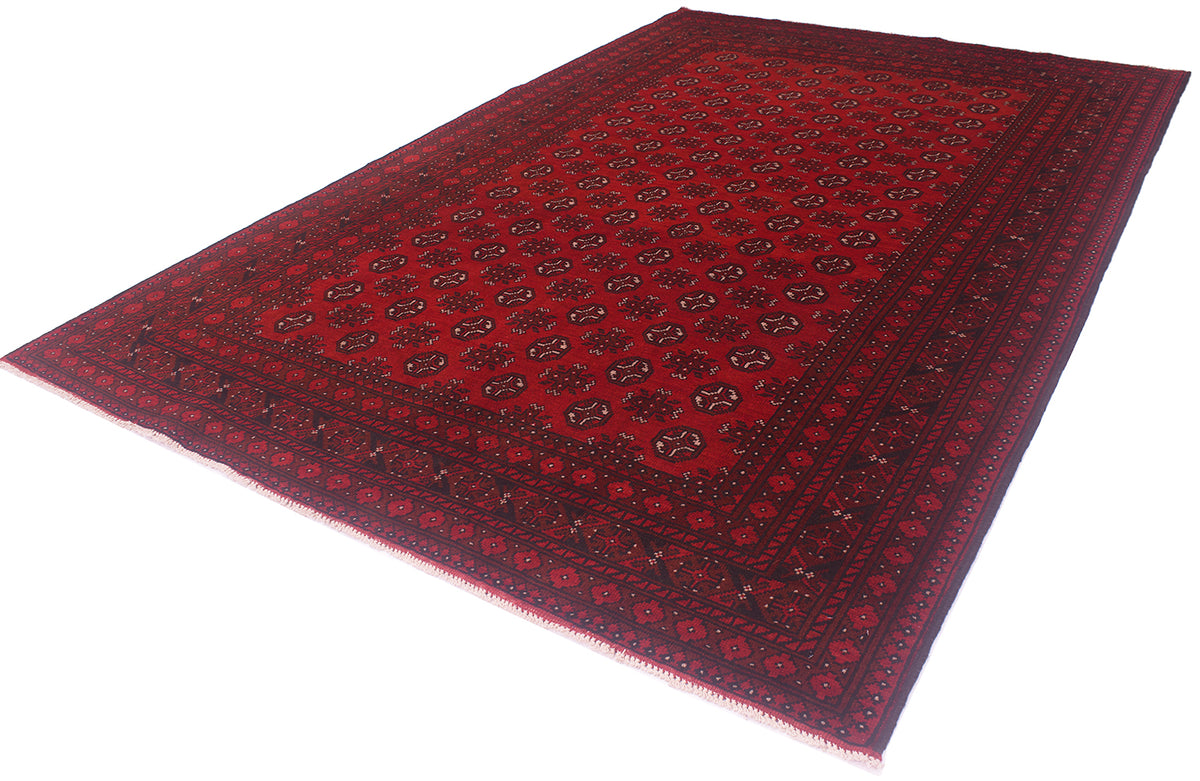 A 9x6 traditional Afghan style area rug with a deep red field, black borders, and intricate geometric and floral motifs in black and cream, shown from an elevated angle on a white background.