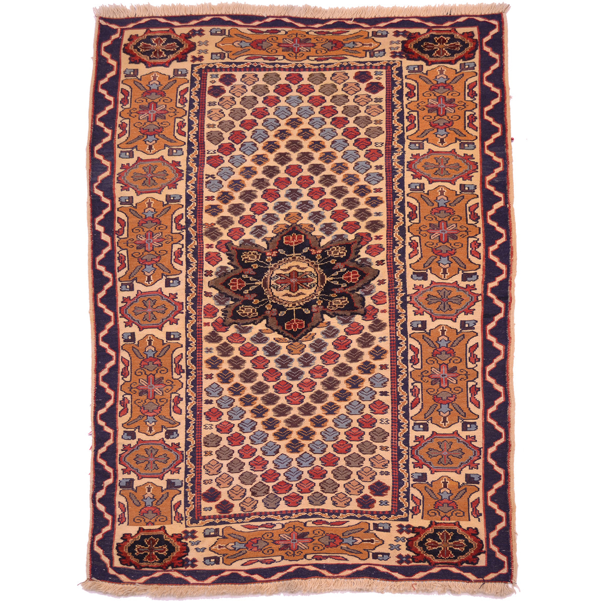 Handwoven Afghan Adraskan/Barjasta Rug of mixed weave techniques with medallion design and cartouche border. Beige colour with dark blue, orange, and rust.