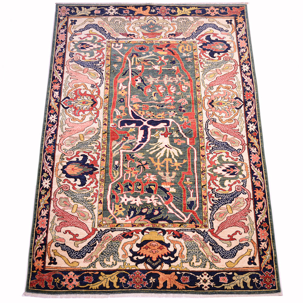 All over floral abstract design of antique style carpet handwoven in Afghanistan featuring expansive design of a botanical nature.