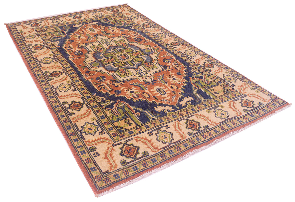 A traditional 6x4 oriental-style Afghan heriz handmade rug with a complex geometric and floral pattern, featuring a central medallion in rust orange, navy blue, beige, and green, with a matching patterned border and cream fringe.