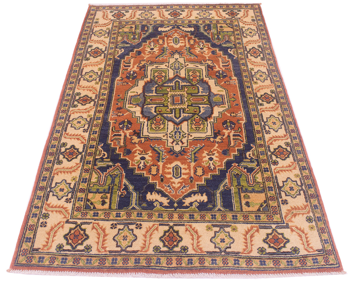 A traditional oriental Afghan Heriz area rug with a complex geometric pattern in beige, rust orange, navy blue, olive green, and red, shown flat against a white background.