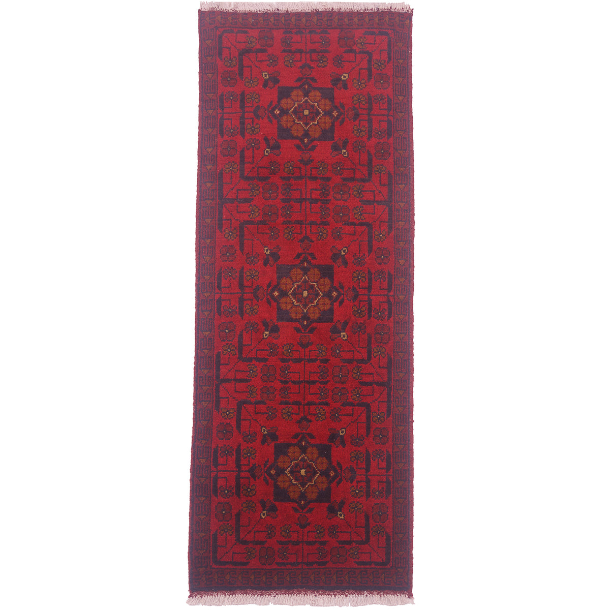 Red and black handmade Afghan Khan Mohamadi Strip / small runner with traditional geometric 3 gul design.