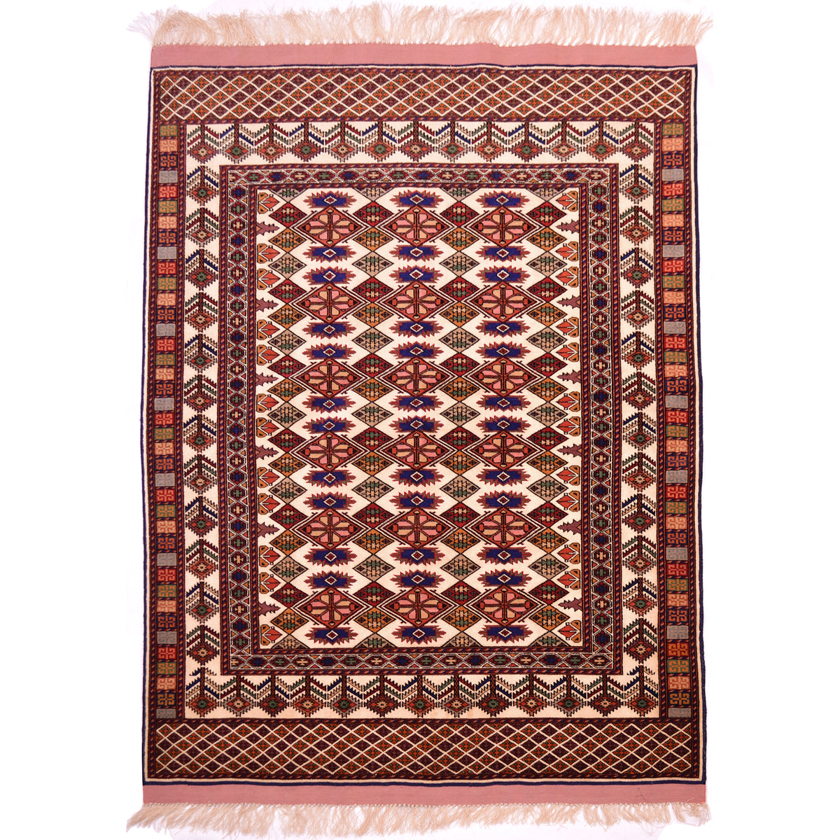 Fine Afghan Silk & Wool Rug beige/cream silk field with contrasting colours in wool of dark blue, pink, green, olive, rust and red. Geometric, classic all over design.