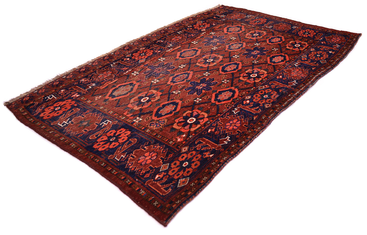 A traditional antique Ersari Turkoman Chuval rug with a complex floral and geometric pattern, featuring a deep red field, dark blue borders, and orange accents, shown on a plain white background.