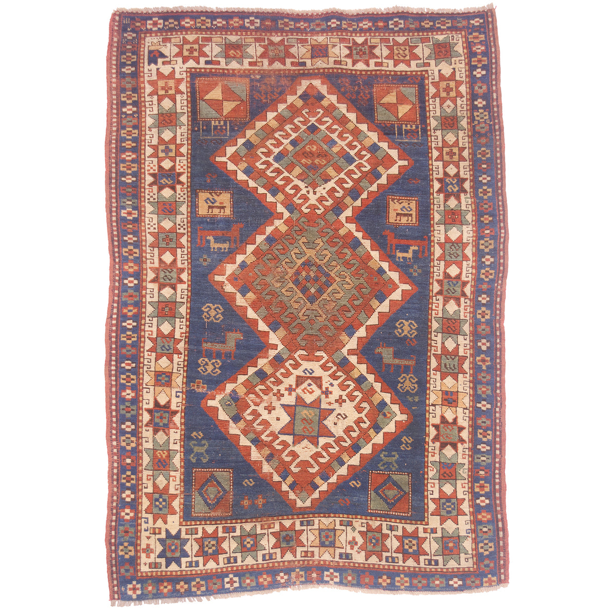 Blue colour antique Kazak rug with geometric triple medallion design.