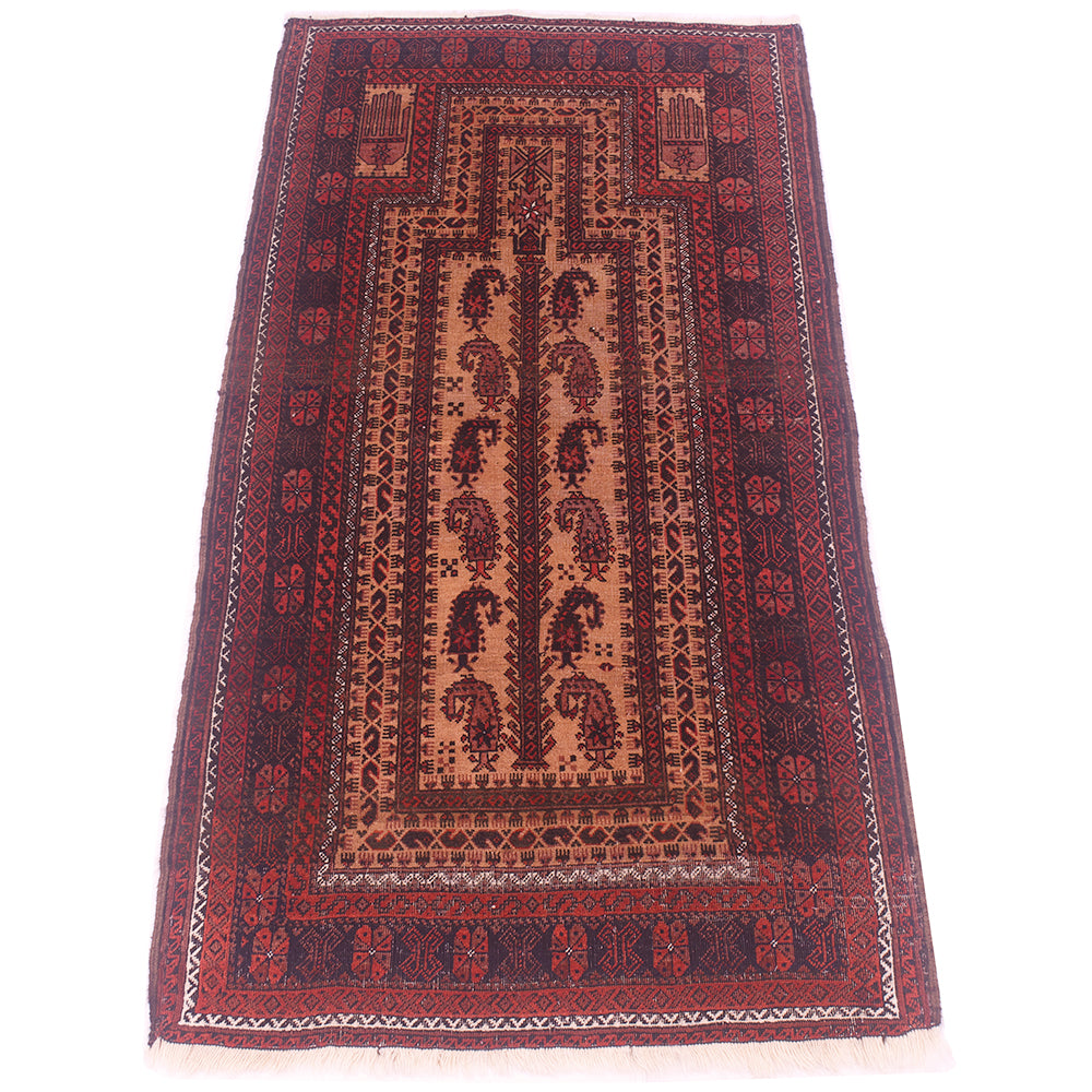 A traditional rectangular Afghan-style antique Belouch prayer rug with a dark red border, a central beige field, and dark red paisley and geometric motifs, shown flat against a white background.
