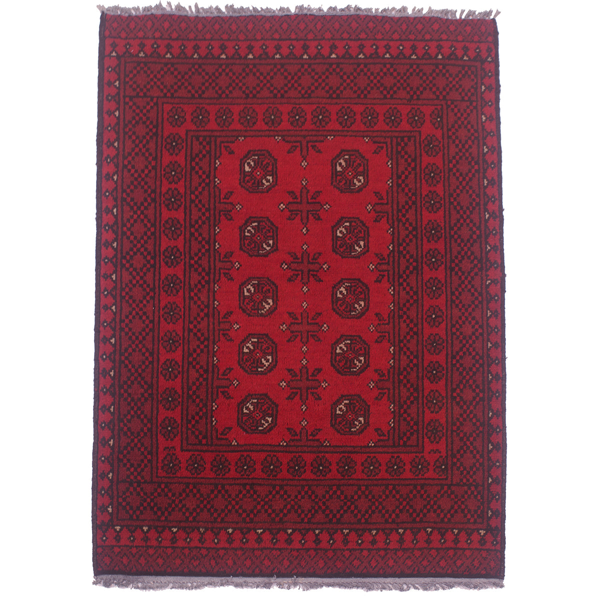 Hand-knotted wool pile red Afghan rug with 10 Bokhara gul design.