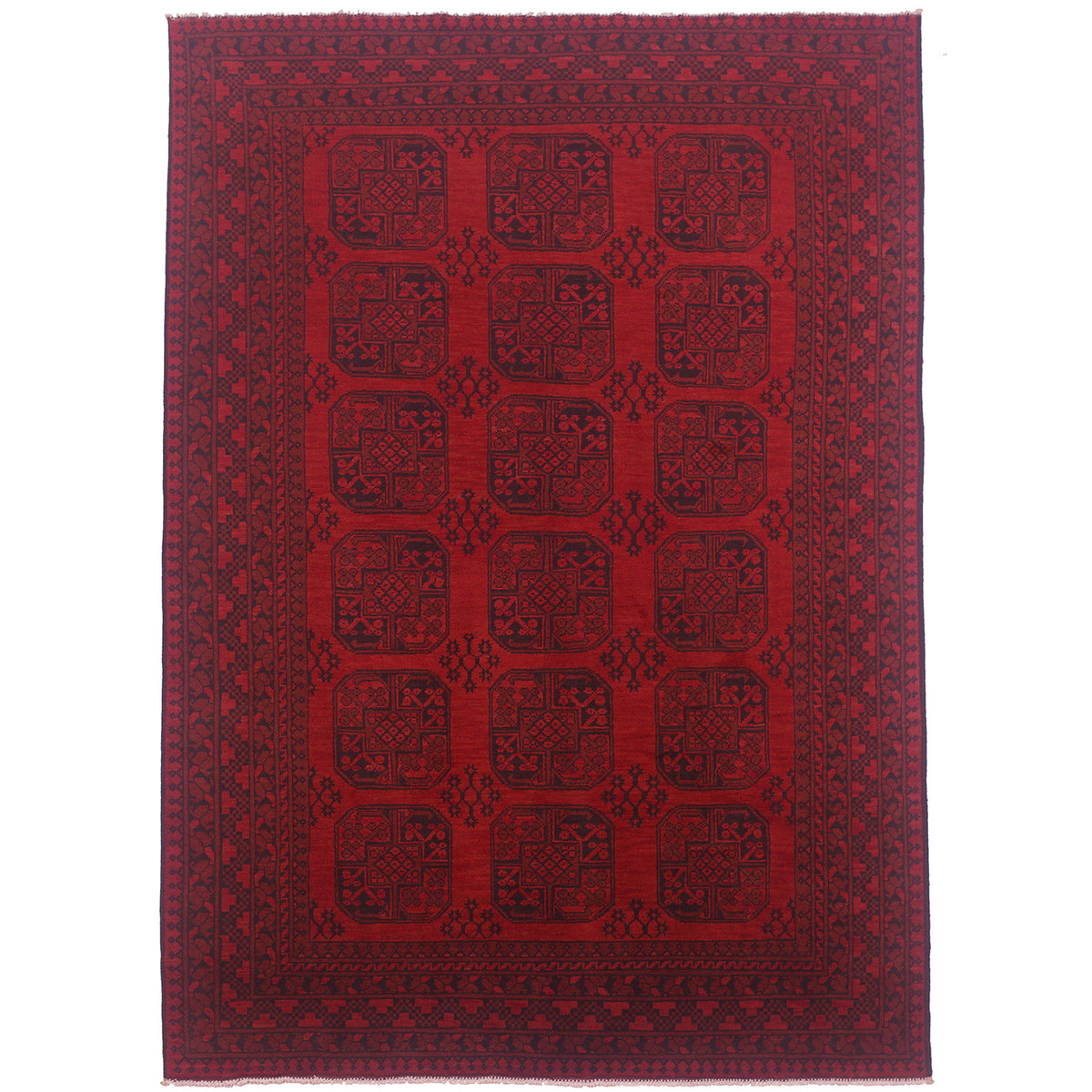 Red and black handmade Afghan Fil Pai carpet with 18 fil pai /elephants foot motifs.