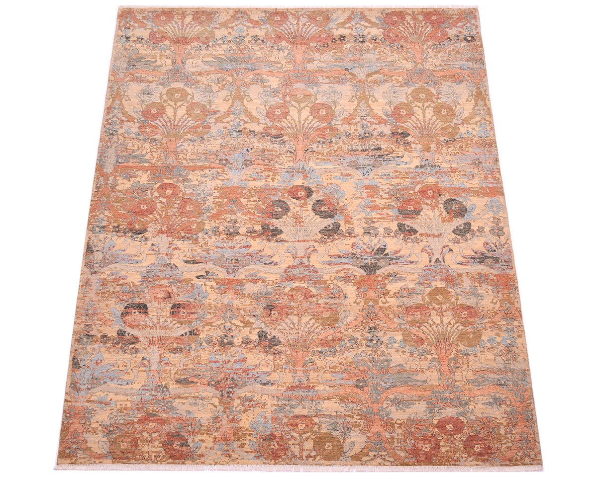 Highly floral and border free arts and crafts style carpet with hints of blue, grey and beige. Handknotted pure wool pile. Vase and flower motifs throughout the design.