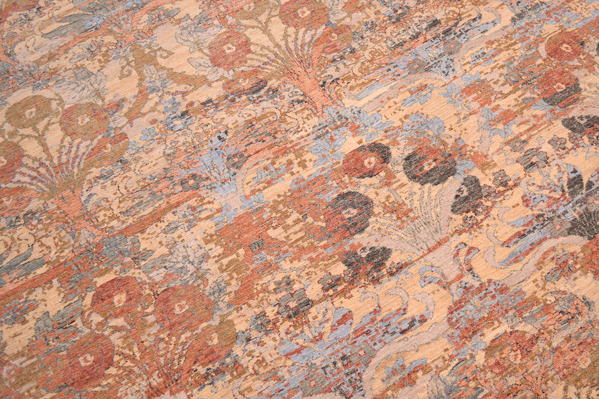Detail of main field of handmade carpet with chrome dyes and afghan wool. With hints of olive green, sky blues and pewter greys and sea greens.