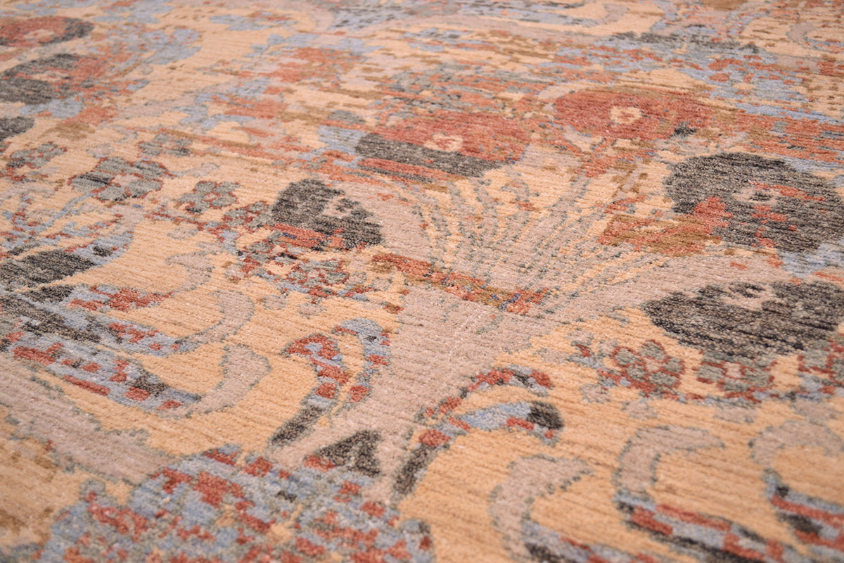Detail of floral spray bouquets of antiquated floral design handknotted with pure afghan wool handwoven in India.