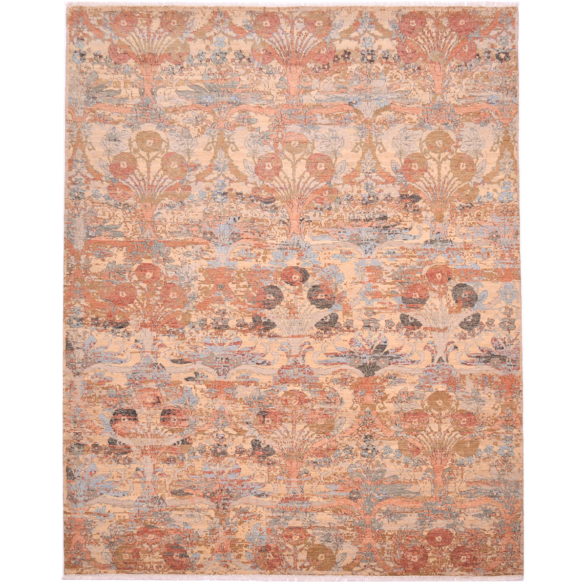 Arts and Crafts Flourish carpet features an all-over theme of floral bouquets set on a beige/cream field with delicate colours of terracotta, gold, light blue, and soft green.
