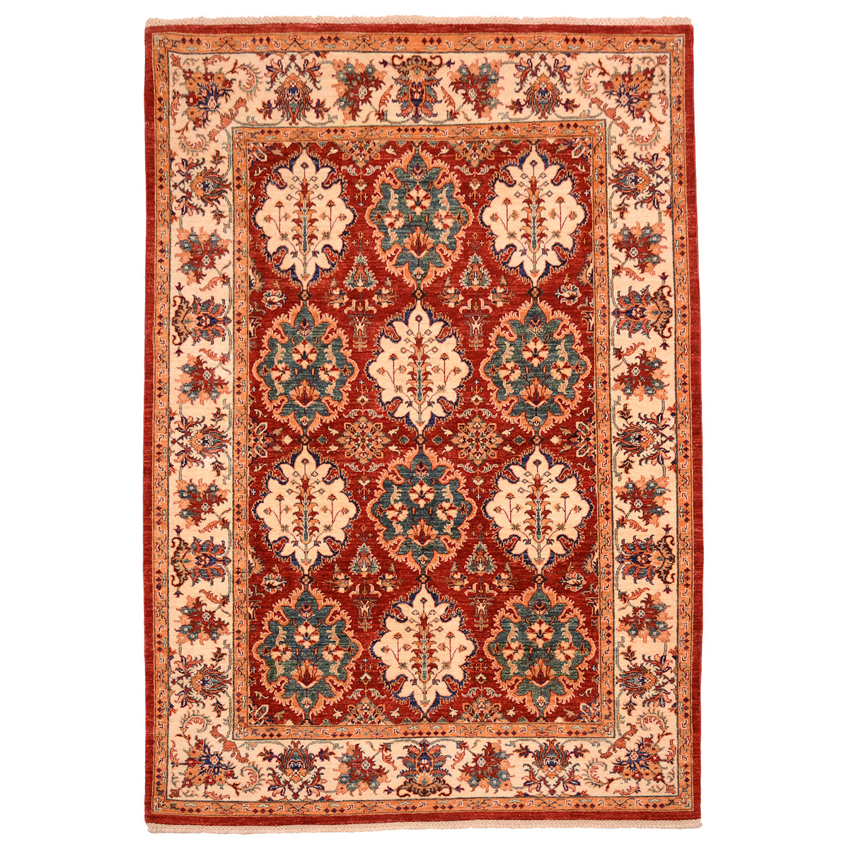 Afghan Handmade Bakhtiar carpet with panel garden design in colours of red with green and cream.
