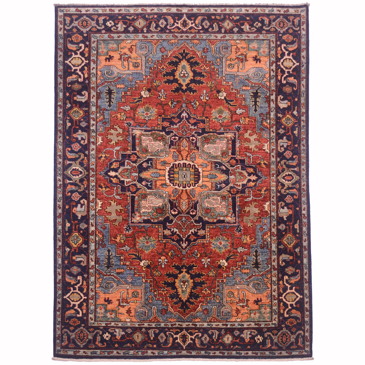 Handmade Aryana Heriz rug 2.38 x 1.70m with a red and navy traditional medallion design and ornate border.