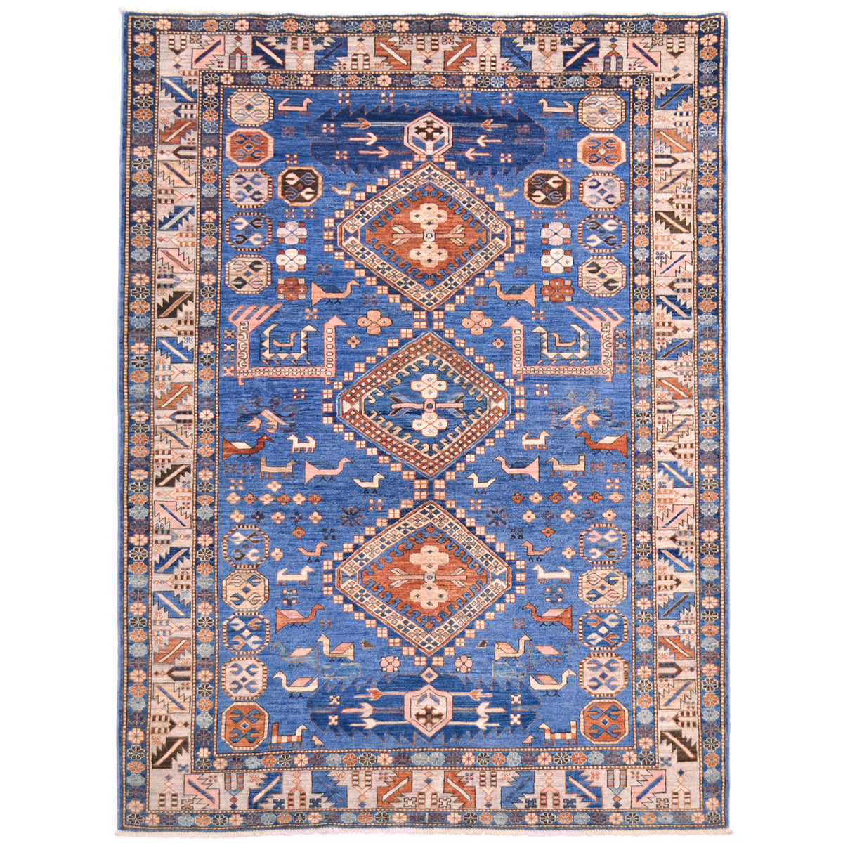 Blue hand-knotted wool pile Afghan Shirvan design rug with geometric medallion design.