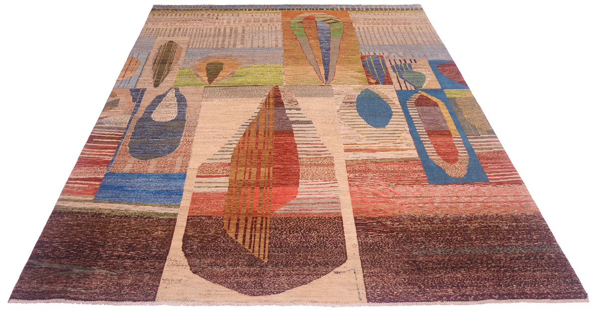 Overall view of abstract modern carpet with lineal layered of geometric ans abstract patternin and monolithic like structures handwoven pile with base ground colour of stone and ecru.
