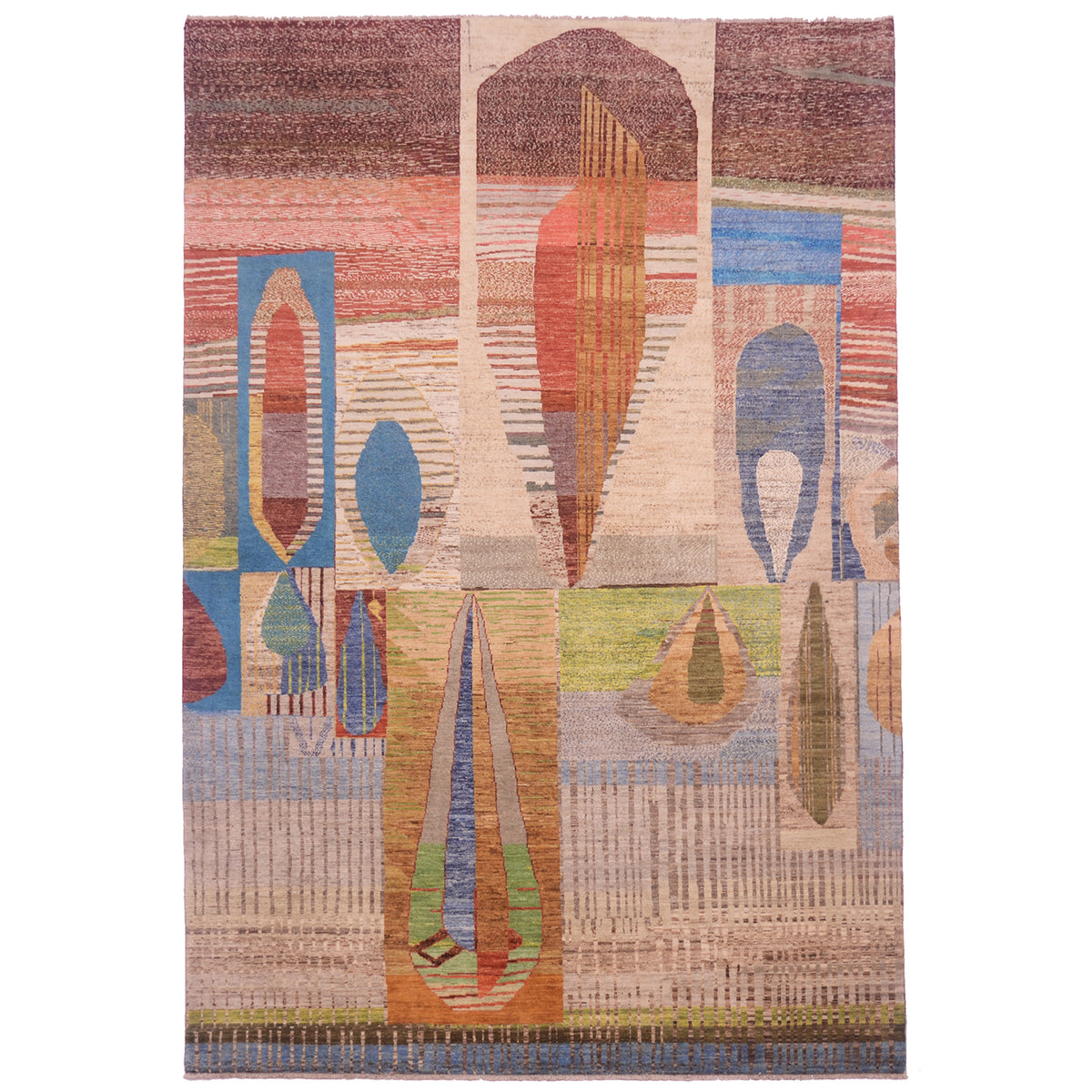 Handmade abstract rug with geometric shapes in earthy beige stone, rust, , blue, and and sap green tones, Amber tonesand soft rust. Pure wool pile. Organic and architectural forms.