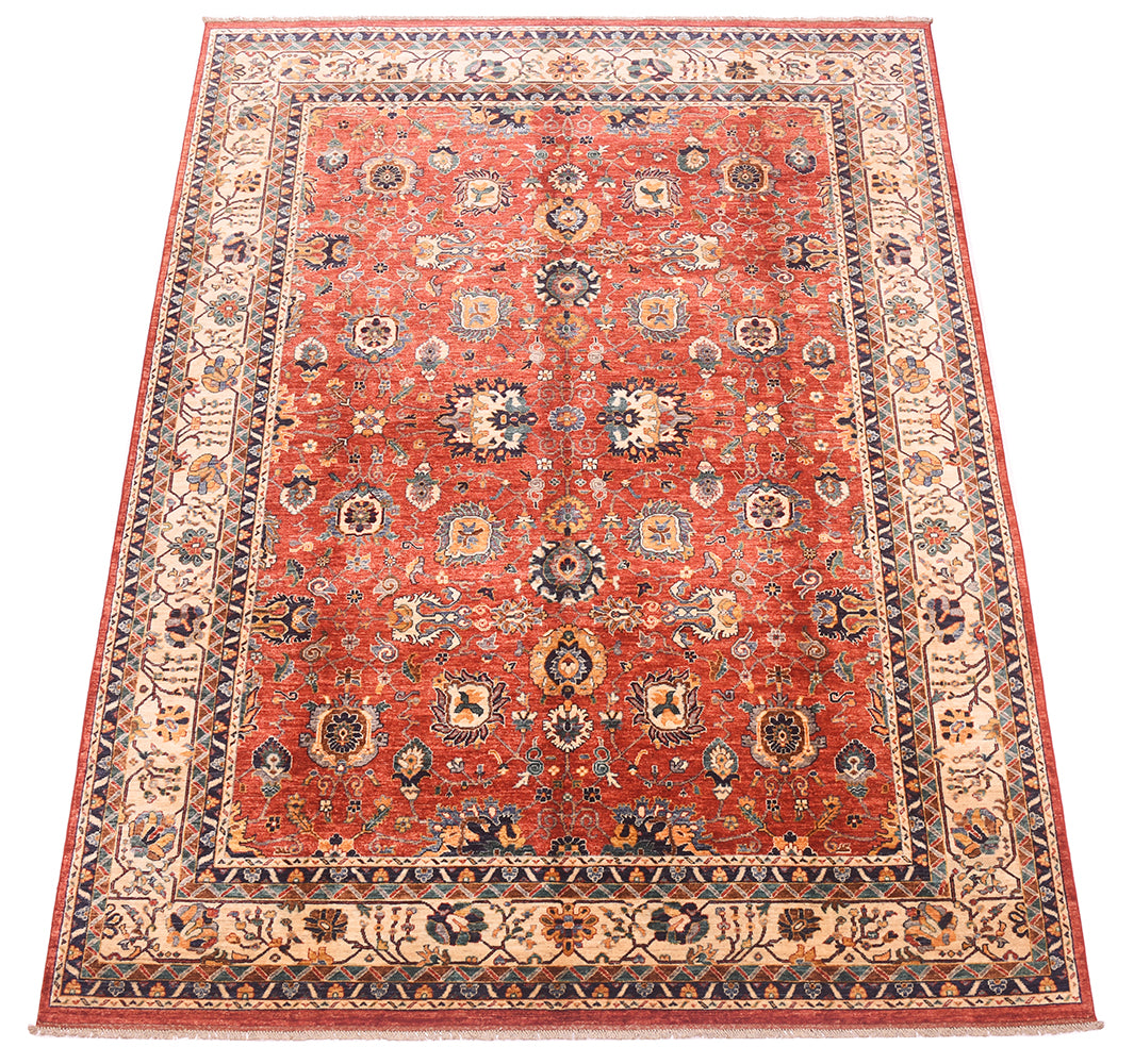Handknotted Sultanabad design carpet, red with ornate medallions and cream border