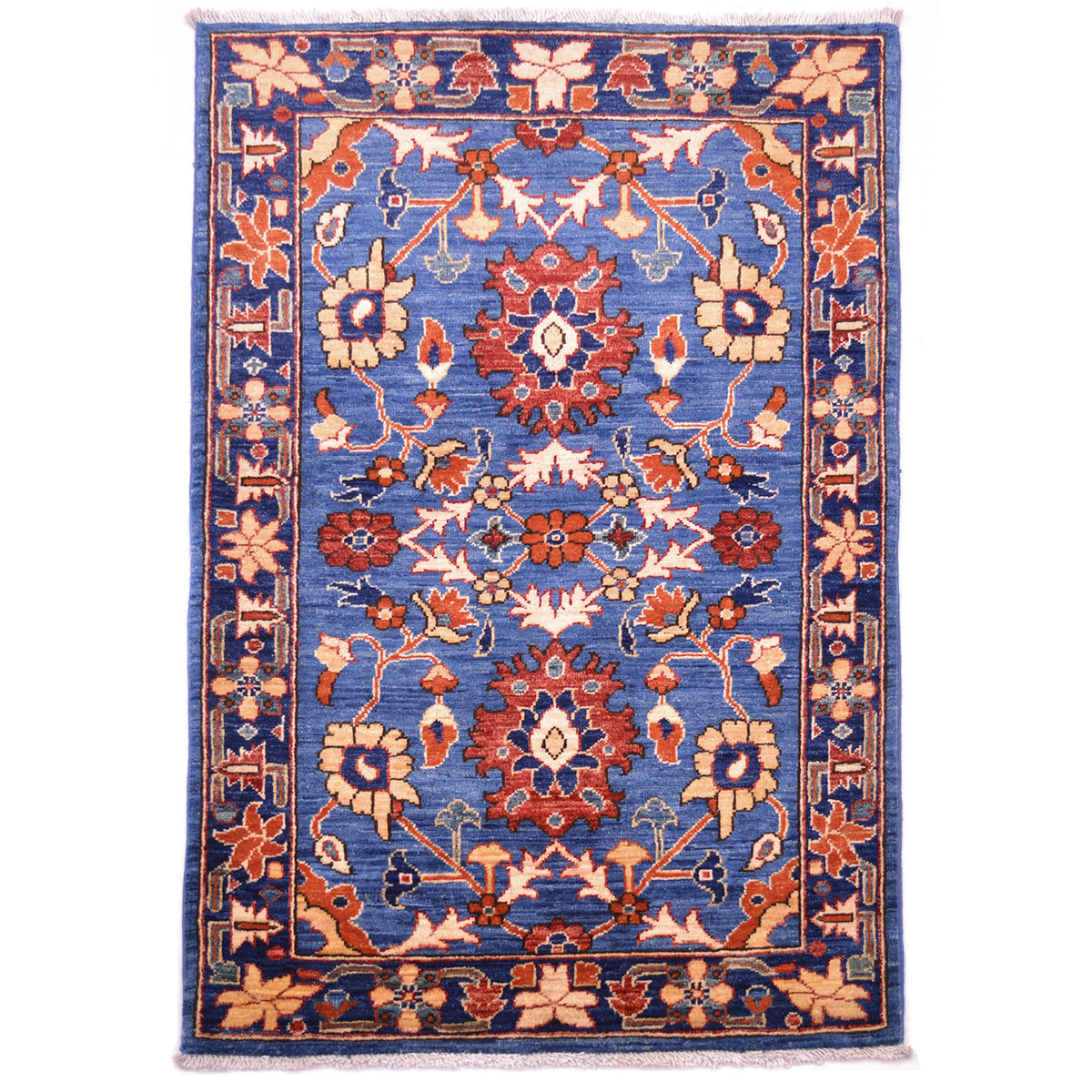 Wool pile Handmade Blue Aryana Small Rug with floral harshang design.