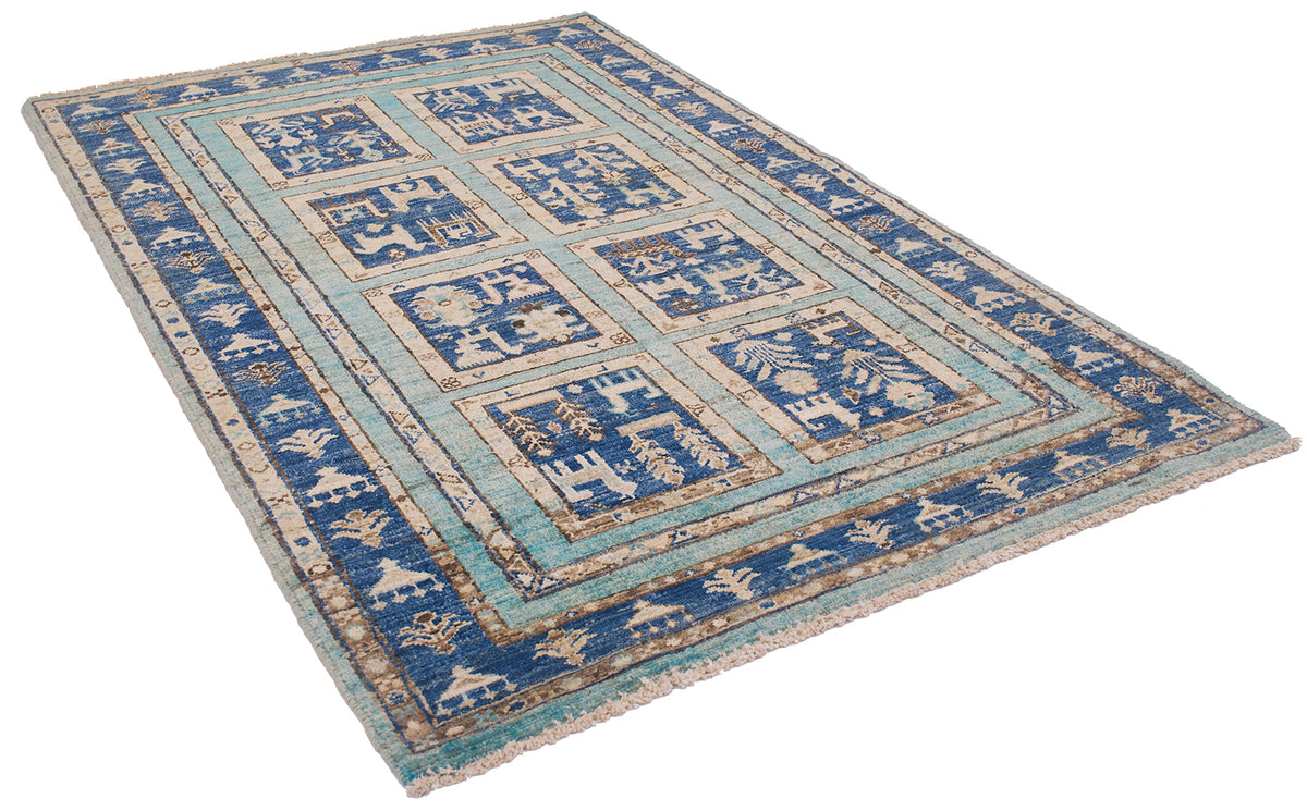 A 1.50x1.00m rectangular Afghan Aryana area rug with a traditional geometric and floral pattern in shades of blue, beige, and light teal, shown from an elevated angle on a white background.