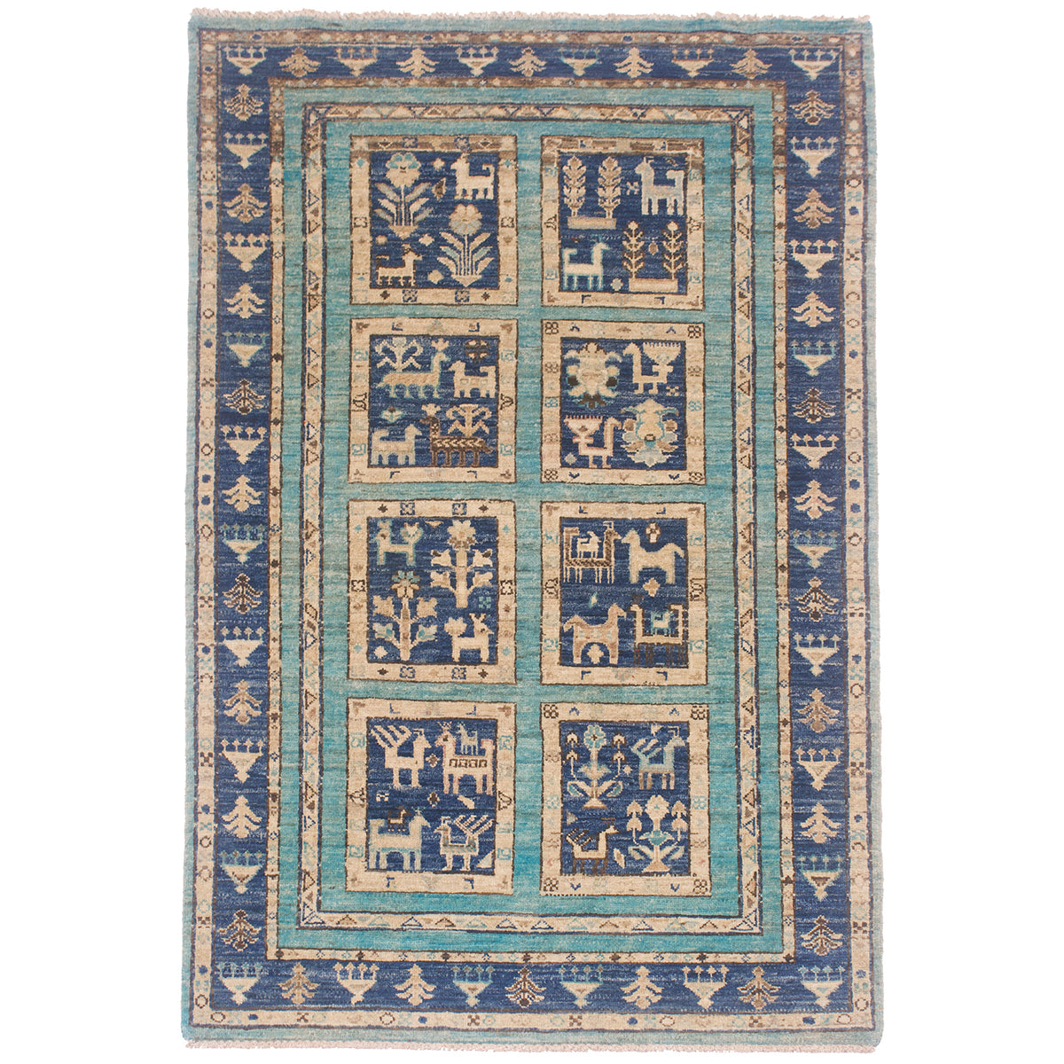 Afghan Aryana Rug in colours of turquoise with navy blue and beige. It has a charming all over panel design: each panel contains plant & animal motifs.
