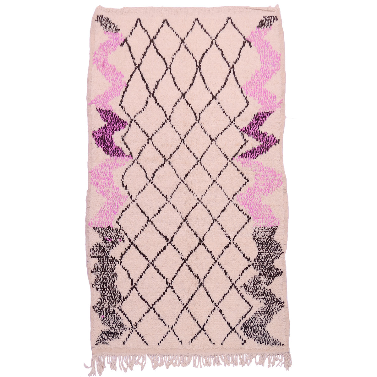Vintage Azilal rug with off-white background, black lattice overlay & flashes of pink zigzag sides.