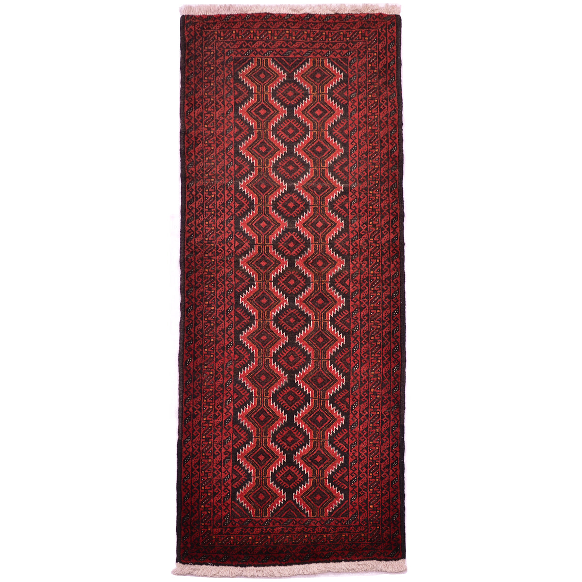 Geometric design wool pile, hand-knotted Belouch short runner in traditional colours of red, black and cream.