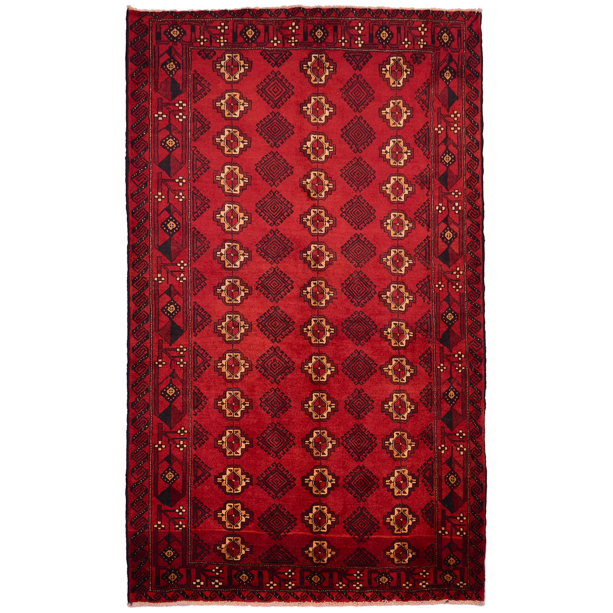 Red Balouch rug with all over design.
