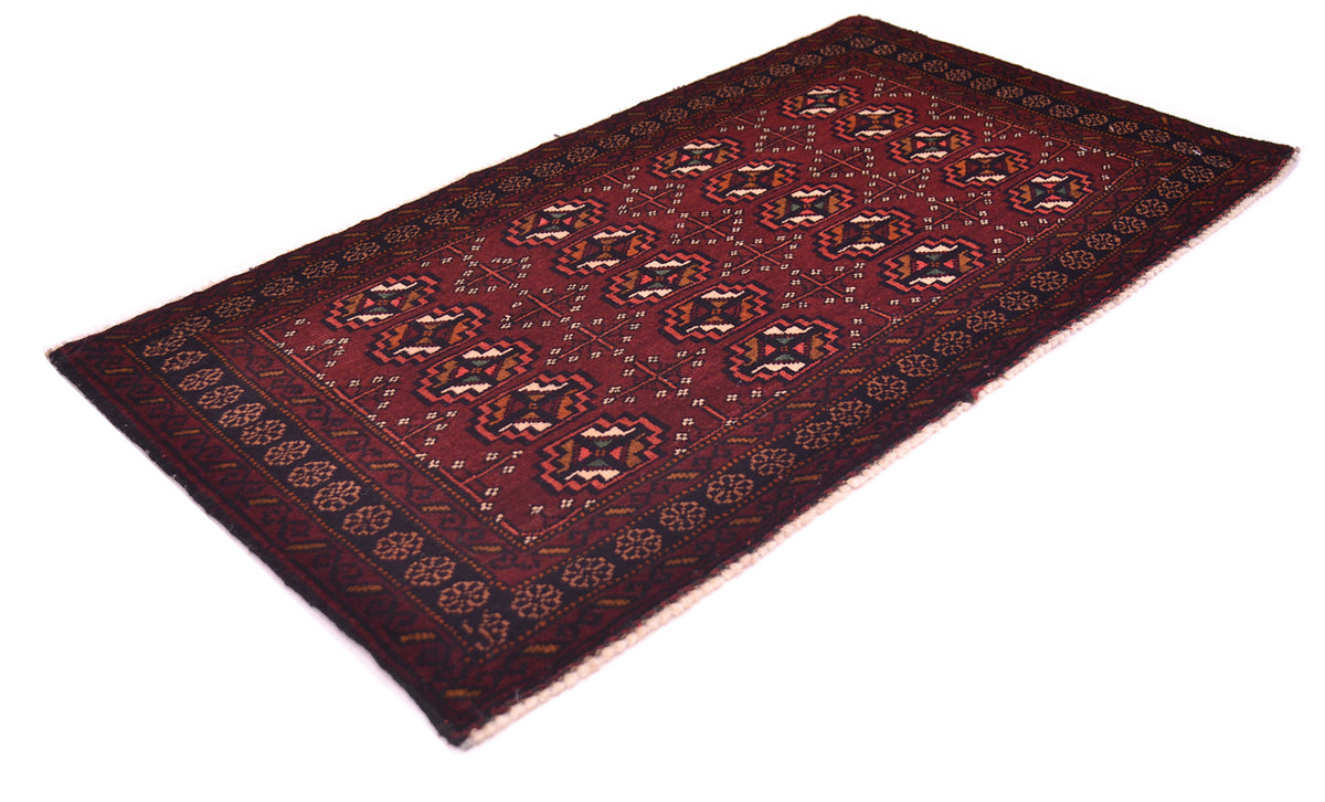 A rectangular traditional Maroon Afghan Belouch mat / rug with a deep field, geometric medallion gul-motifs, and a dark border, shown on a plain white background.