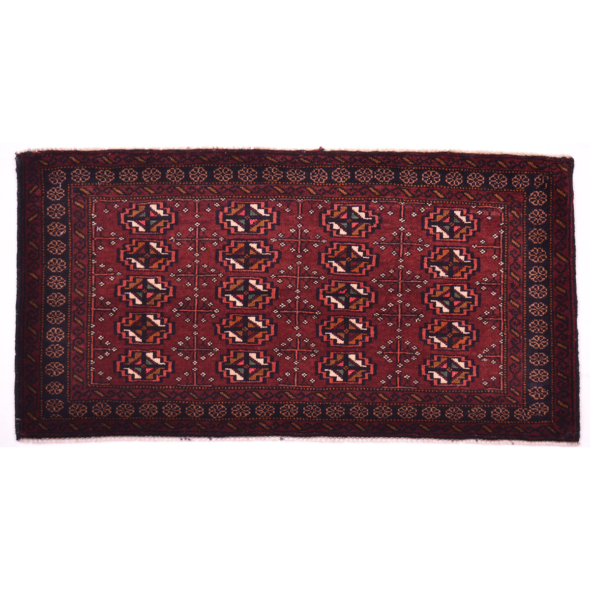 A rectangular traditional Maroon Afghan Belouch mat with a deep field, featuring a repeating geometric medallion pattern in black, beige, and white, surrounded by a dark border.