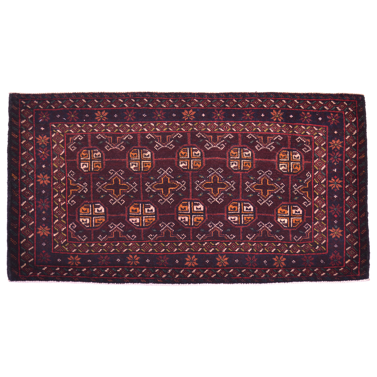 Afghan Bokhara design Belouch mat brown with 10 Bokhara gul motifs.