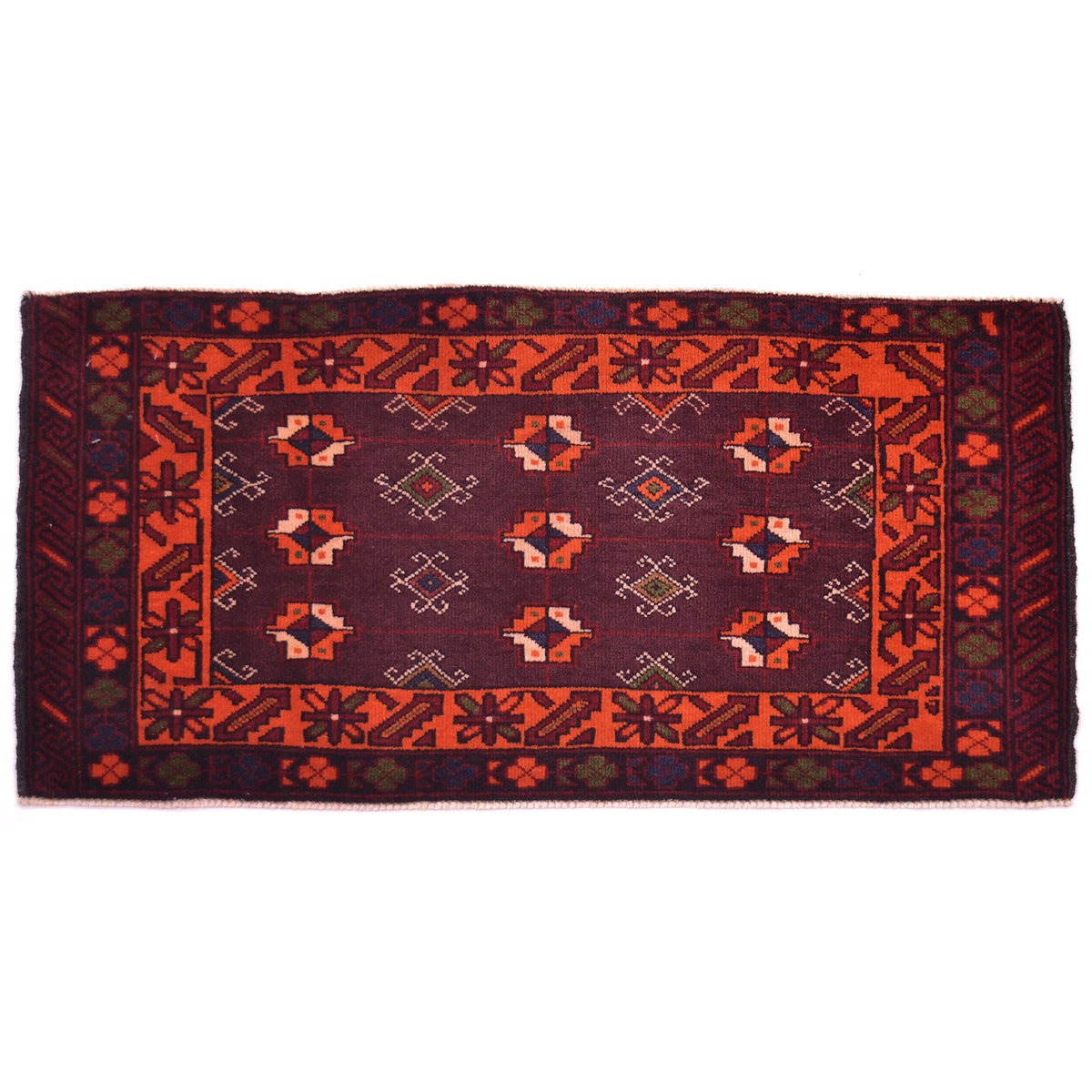 Brown and orange Balouch mat from Afghanistan with Bokhara design.