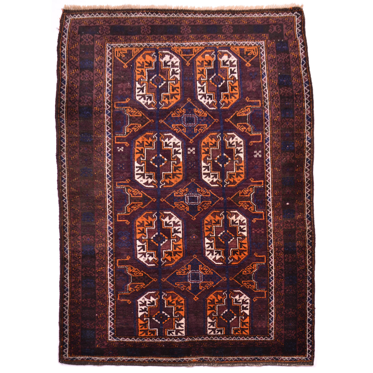 Finely hand-knotted old Baluchi rug with aubergine-brown main colour plus detail colours of orange, cream and blue. Large scale Bokhara design.