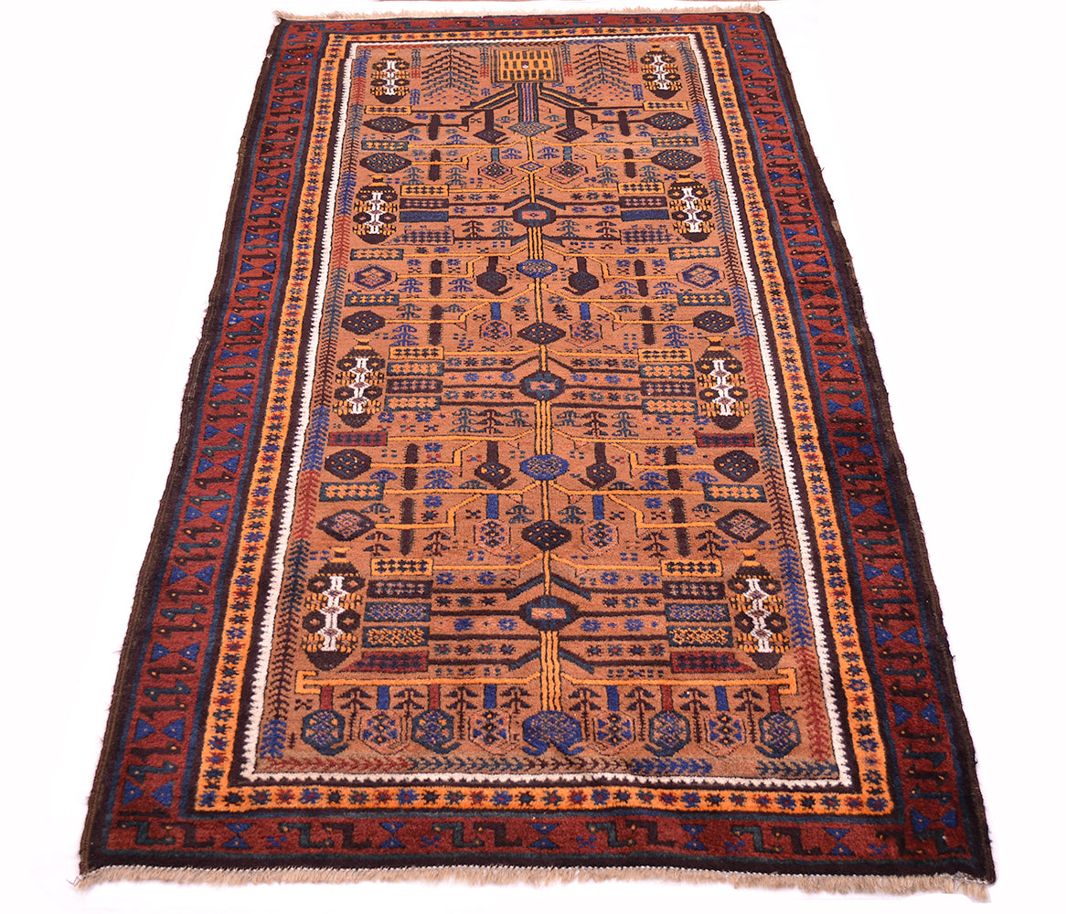 A traditional hand-woven geometric old Afghan Belouch rug with a warm orange-brown field, dark red borders, and blue, black, and cream patterns, shown flat against a white background.