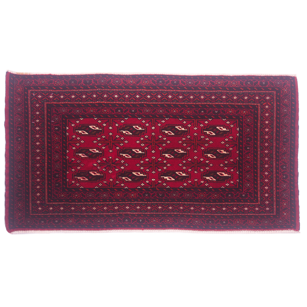 Afghan handmade red Belouch mat, hand-knotted, rich red field with geometric Bokhara/ Yamoud design of 12 guls.