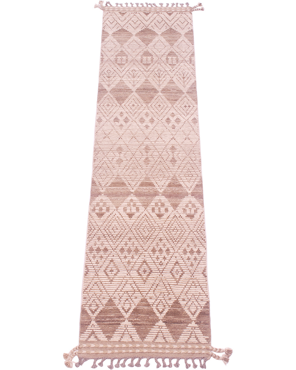 A long rectangular woven runner rug with a geometric diamond pattern in brown and beige, featuring tassels on both ends, shown against a plain white background.