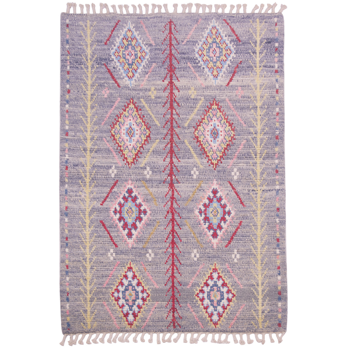 Grey ground with geometric tribal style handmade Afghan Berber design rug.