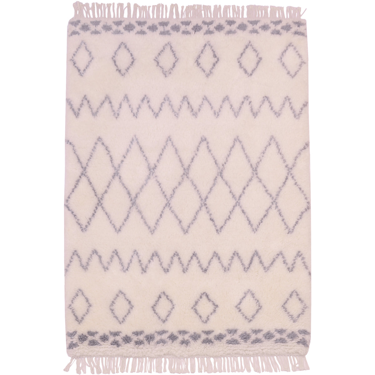Beni Ourain design hand-knotted Indian Shaggy pile Berber rug - cream with grey-blue pattern.