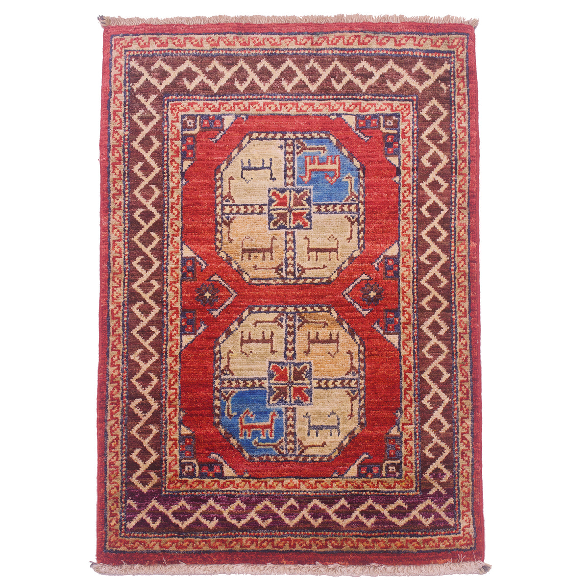 Afghan Fil Pai Mat with 2 octagon motifs on a rust field, with brown and beige border.