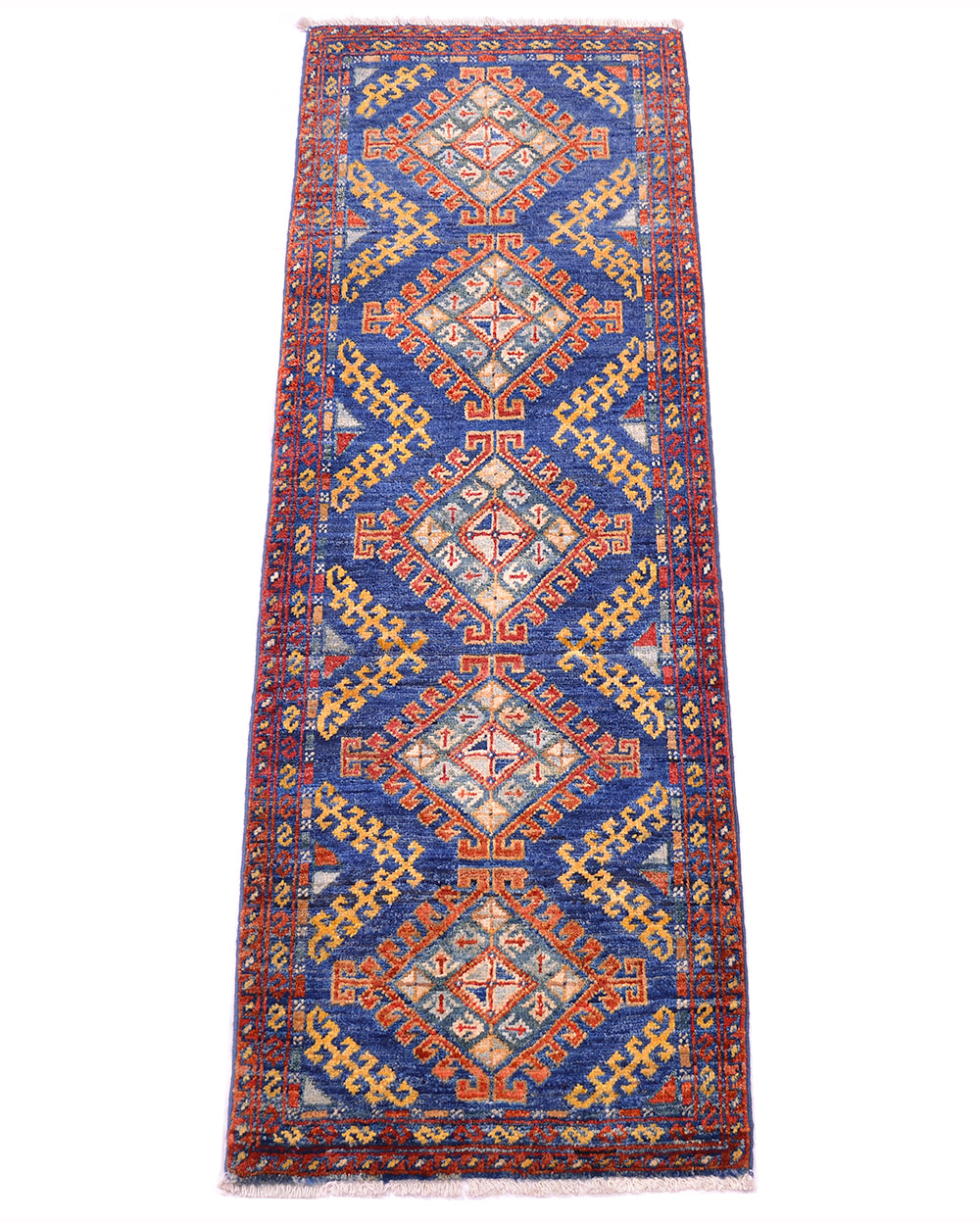 An Afghan Chobi short runner with a traditional geometric pattern in blue, red, orange, and beige, shown flat against a white background.