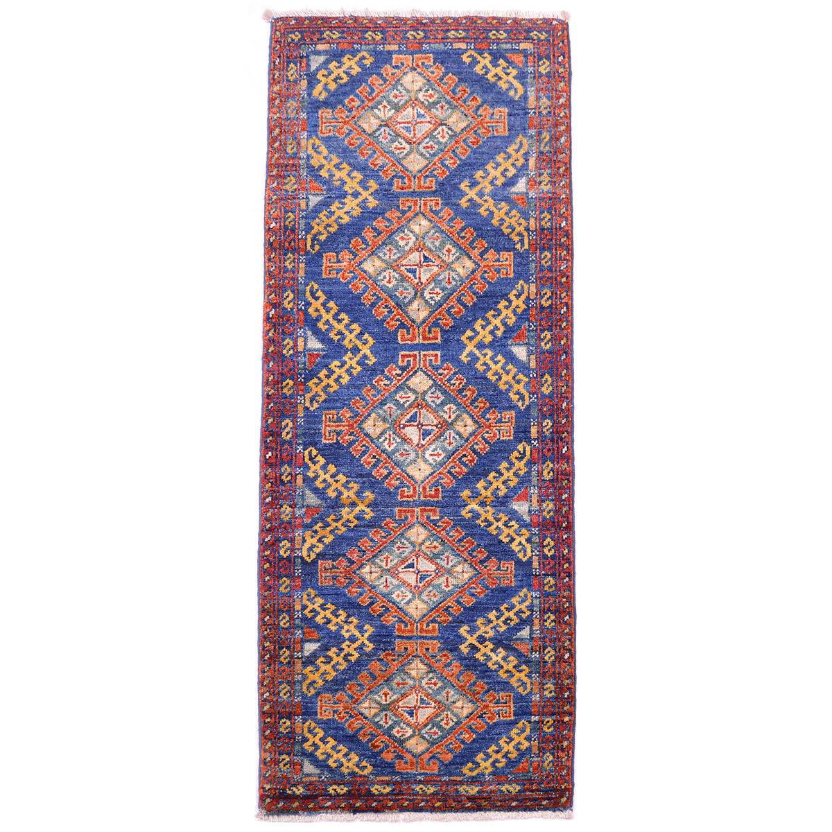 Short Afghan Chobi runner with rust, yellow and green design.
