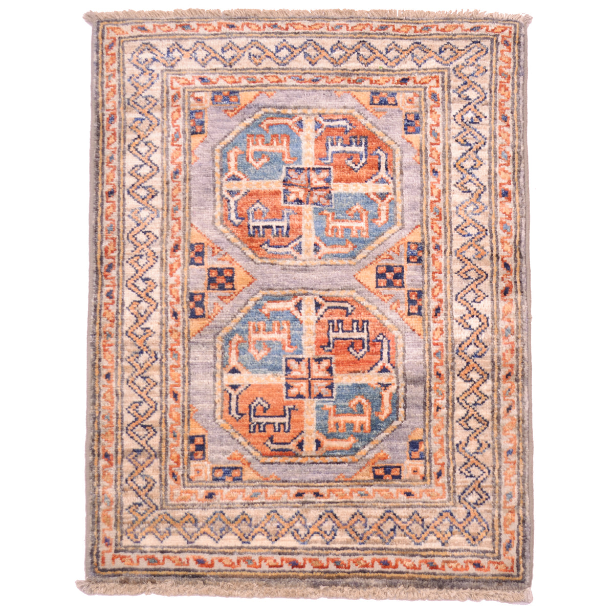 Handmade Grey Fil Pai Afghan Mat with design of 2 octagonal gul motifs.