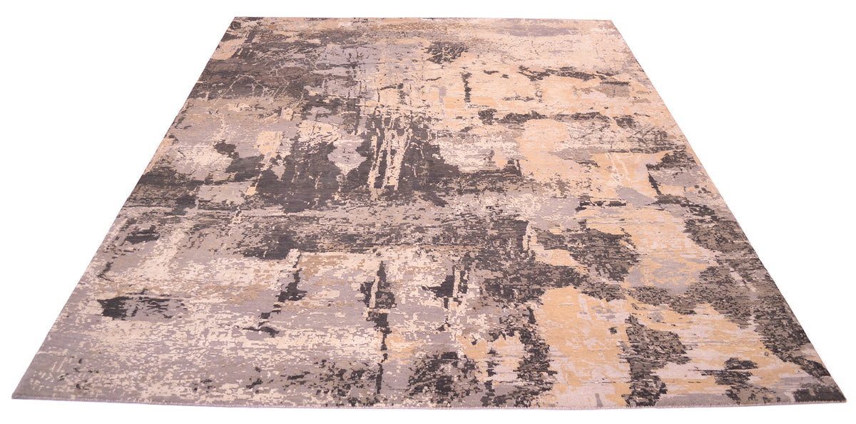 Overall view of neutral toned handknotted Indian carpet with modern abstract design with wool and silk finely knotted pile and raised ivory white/ beige silk highlights.