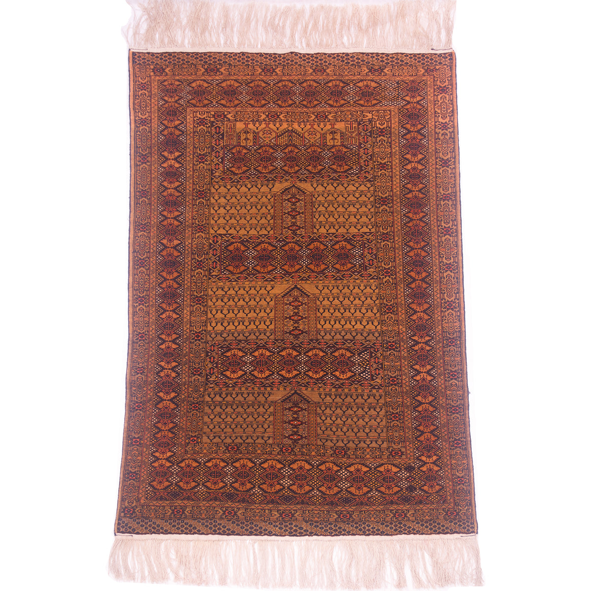 Handwoven Extra fine Afghan rug woven on silk with Ensi or purdah design in tobacco colours.